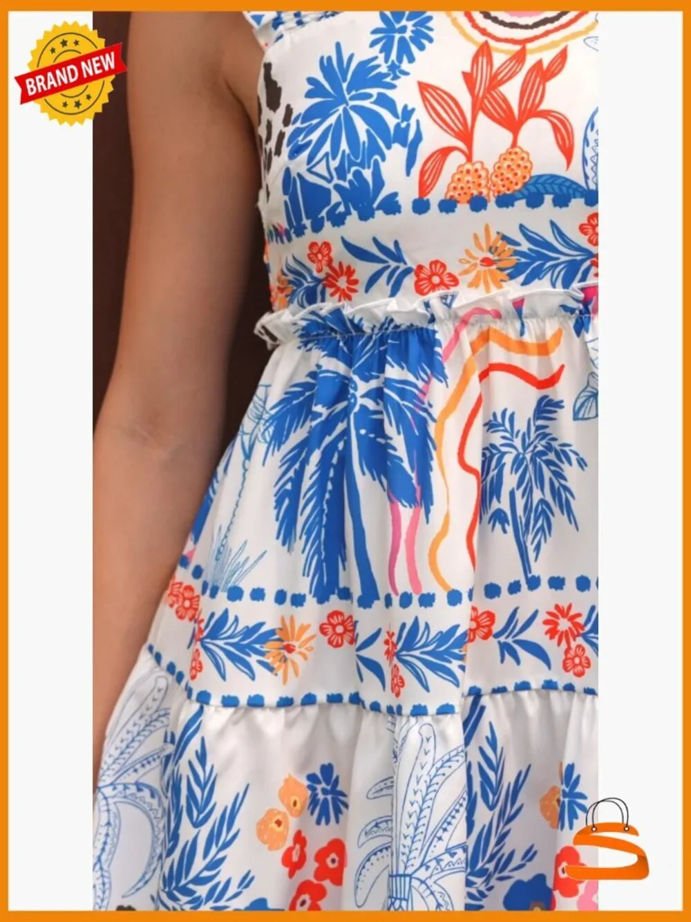 Floral Graphic Short Sleeveless Tank Dress Boho Ruffle Hem